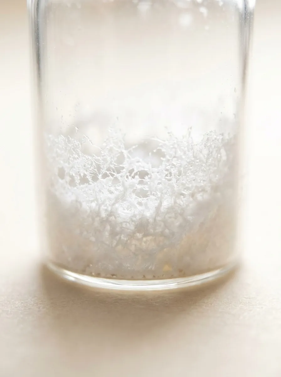 Macro view of lyophilized GHK-Cu powder inside the vial base